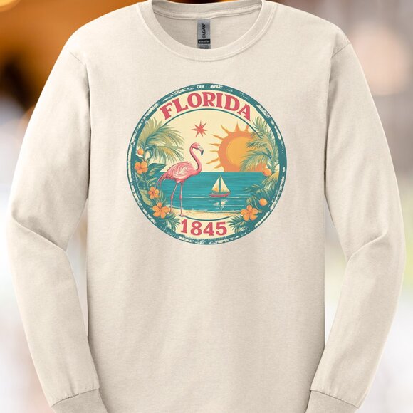 Florida Flamingo Palm Tree 1845 Long Sleeve Shirt Beach Sunset Graphic Tee - Picture 1 of 6